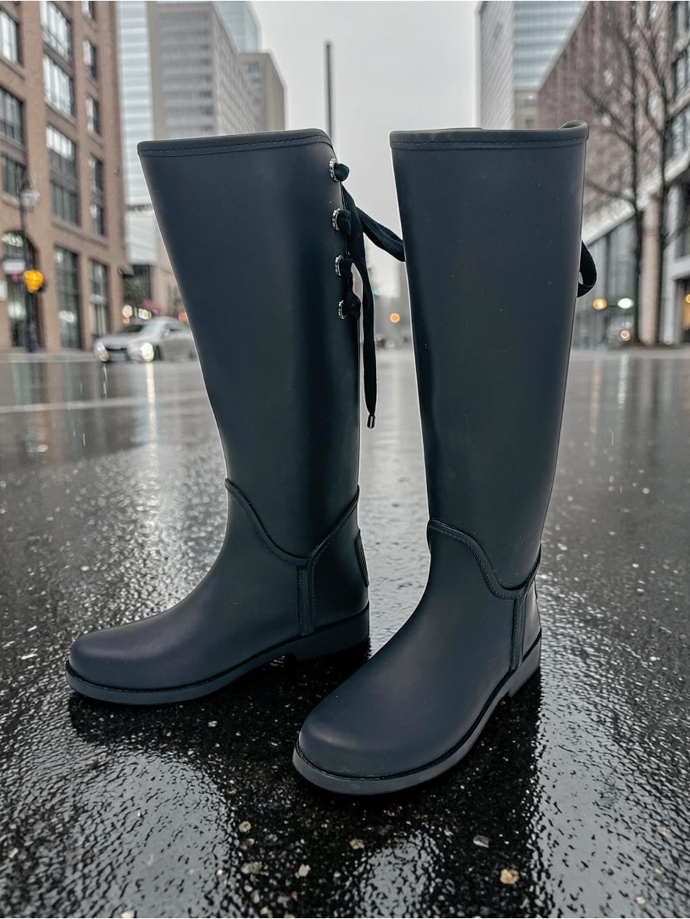 Coach Tristee Rain Boots Black Matte Back Lace Up Size 7